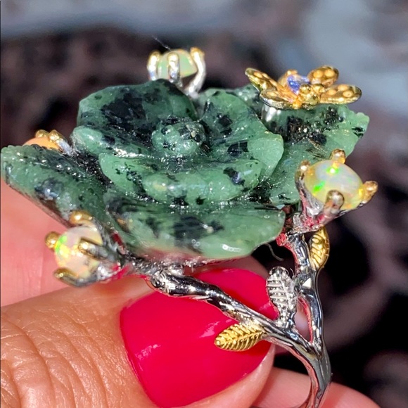 Luxurious Genuine Ruby Zoisite Ring with Gems - Picture 11 of 17